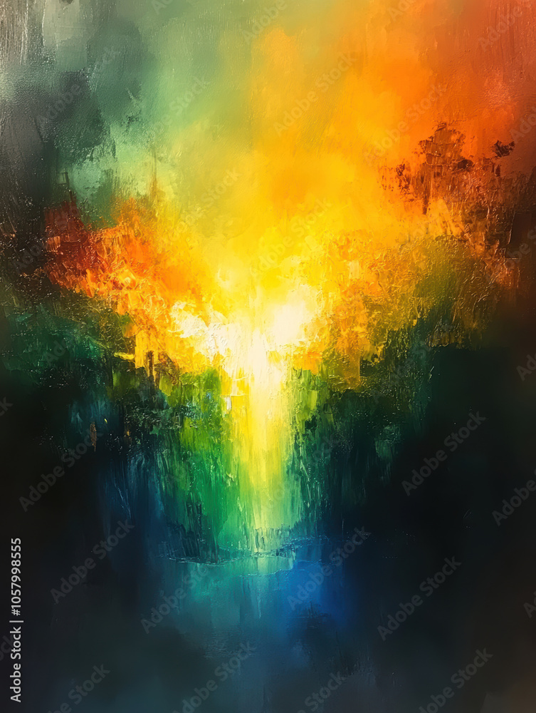 A burst of radiant light surrounded by dark, rich colours, resembling a mystical abstract landscape with a glowing focal point. A burst of radiant light surrounded by dark, rich colours, resembling a mystical abstract landscape with a glowing focal point.