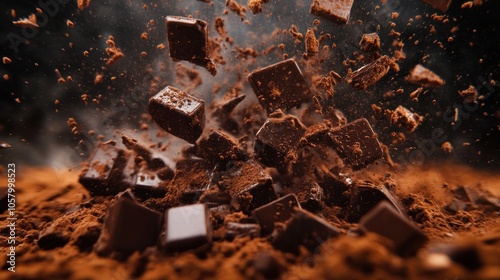 A dynamic explosion of chocolate pieces amidst cocoa powder, highlighting indulgence and flavor.