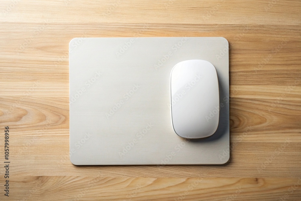 Mockup of a white mouse pad on a table surrounded by props from a high angle view Mockup of a white mouse pad on a table surrounded by props from a high angle view