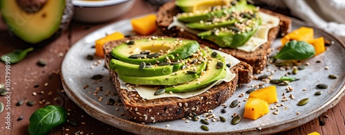 Avocado toasts with rye bread, sliced avocado, cheese, for breakfast or lunch.