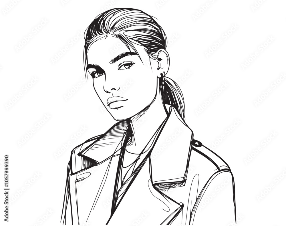 Fashion girl in jacket and slicked back hair, line sketch Fashion girl in jacket and slicked back hair, line sketch