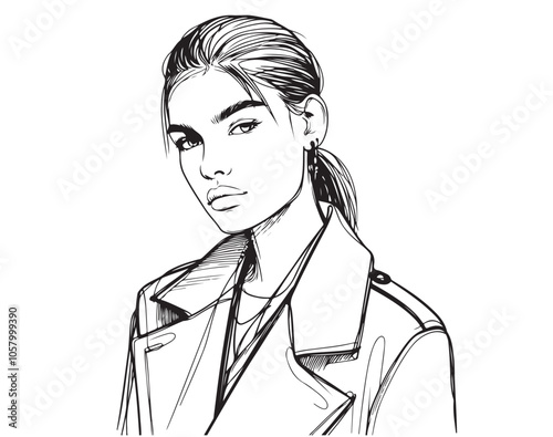 Fashion girl in jacket and slicked back hair, line sketch