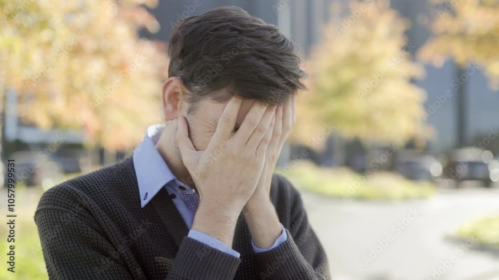 Stressed Office Worker Covering Face in Moment of Despair Outdoors Stressed Office Worker Covering Face in Moment of Despair Outdoors