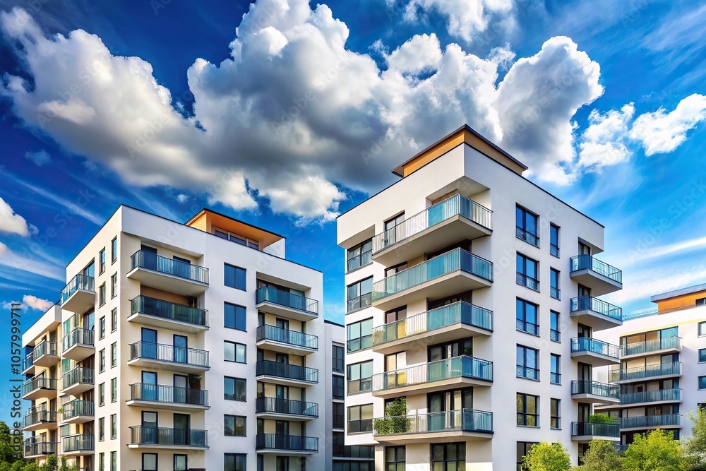 Fototapeta premium Modern apartment buildings against blue sky with white clouds