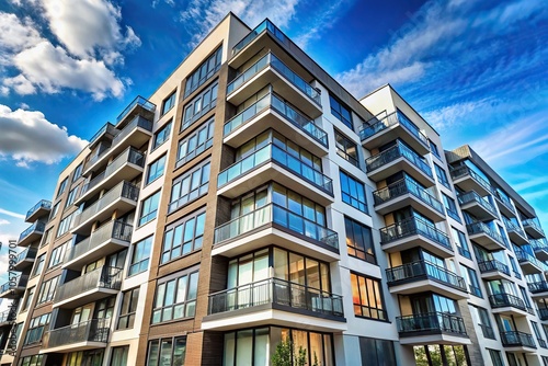 Modern apartment building with many windows at tilted angle