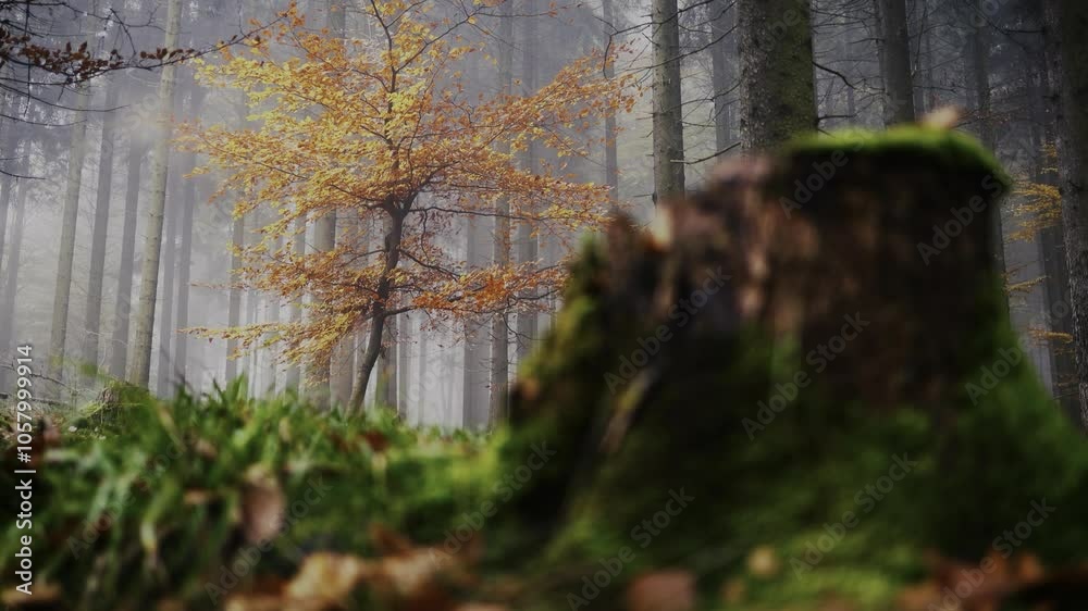 Orangener Laubbaum inmitten in einem kargen Nadelwald in Herbst HLG HDR