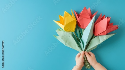 Beautifully Crafted Origami Flower Bouquet on Turquoise Background