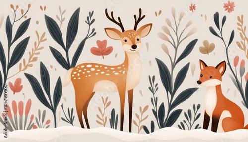 A whimsical illustration of a deer and a fox among stylized plants.