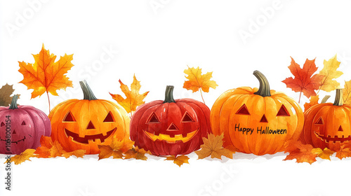 A vibrant display of carved pumpkins surrounded by colorful autumn leaves, creating a cheerful Halloween ambiance