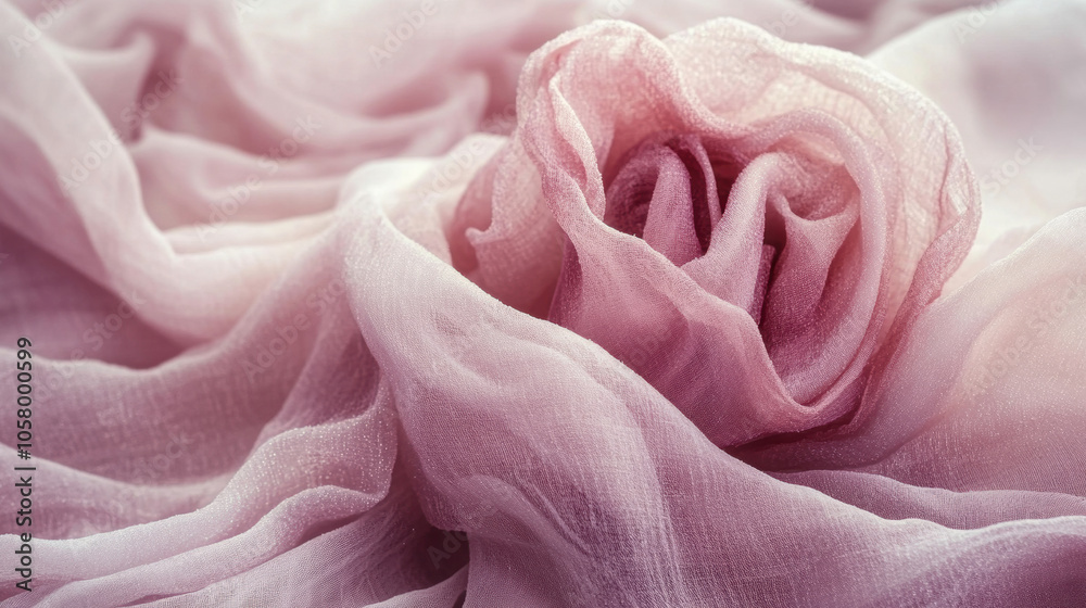 Soft, delicate rose-shaped fabric folds in pastel pink create a dreamy, gentle composition with a romantic feel.
