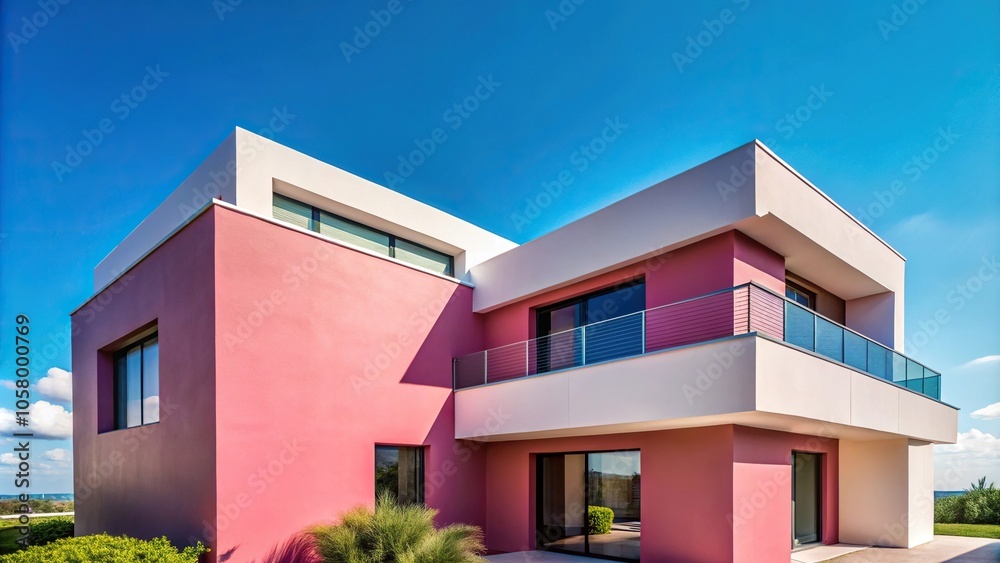 Modern house with pink wall and blue sky Modern house with pink wall and blue sky