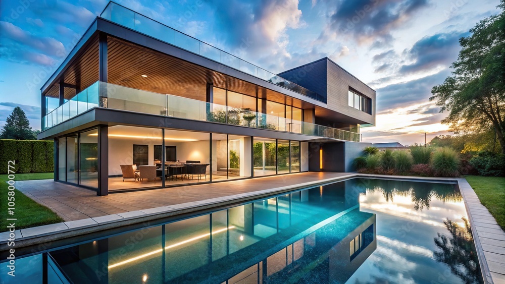 Fototapeta premium Modern house with glass facade and reflective pool