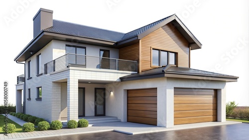 Modern house with garage isolated on white background, aerial view