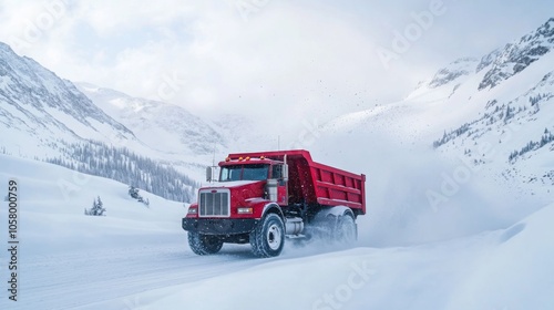 A red dump truck makes its way through deep snow on a mountain road during the winter afternoon. The surrounding peaks are blanketed in white, creating a serene but rugged landscape.