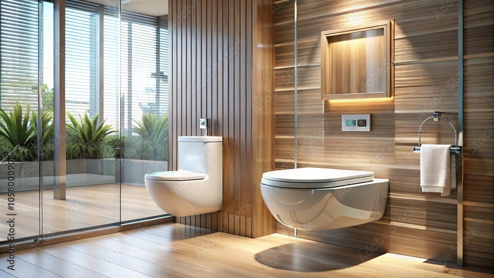 Modern luxury wall hung toilet bowl with dual flush, reeded glass partition bidet, tissue paper holder, low angle view Modern luxury wall hung toilet bowl with dual flush, reeded glass partition bidet, tissue paper holder, low angle view
