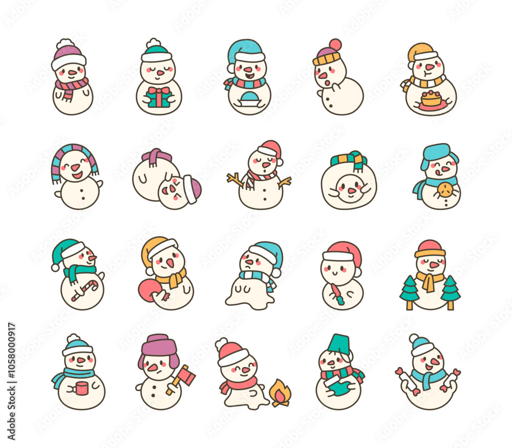 Snowman characters bundle for Christmas holiday decorations with festive elements and winter illustrations Snowman characters bundle for Christmas holiday decorations with festive elements and winter illustrations