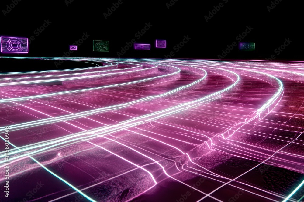 side view shot of A futuristic holographic race track stretches from a side angle, appearing as a transparent, illuminated path floating in mid-air, with neon effects side view shot of A futuristic holographic race track stretches from a side angle, appearing as a transparent, illuminated path floating in mid-air, with neon effects