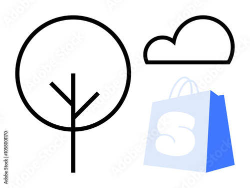 Simple outlines of a tree and cloud next to a blue shopping bag. Ideal for nature, eco-friendly commerce, minimalism, branding, and modern design. Clean and contemporary style