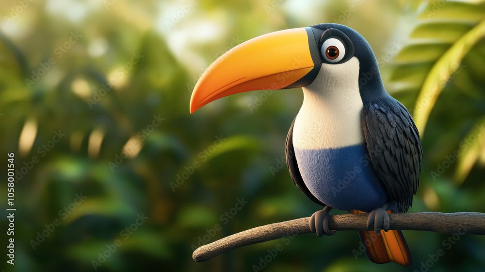Fototapeta premium Colorful cartoon toucan perched on a branch in a lush green jungle environment