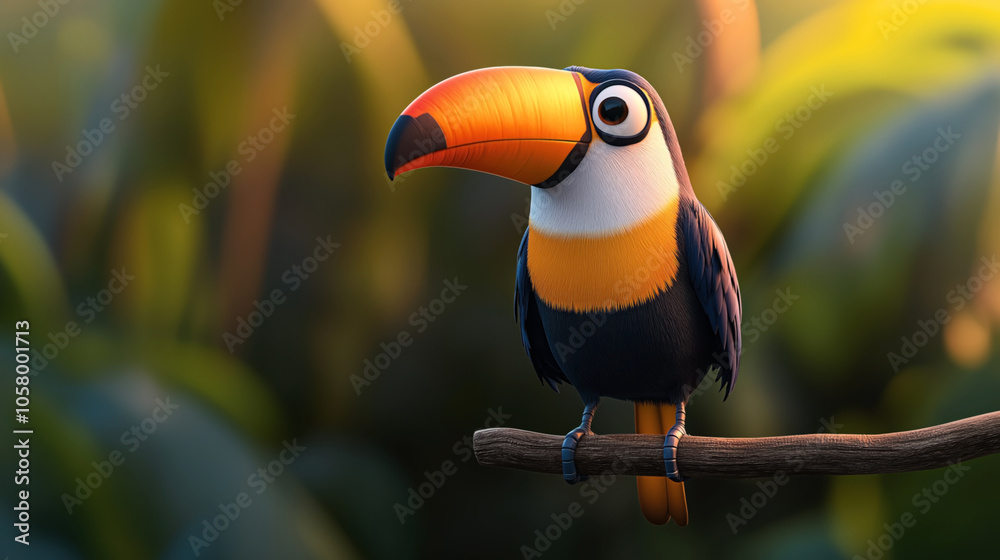 Fototapeta premium Colorful cartoon toucan perched on a branch in a stylized jungle setting with soft focus background and warm lighting.