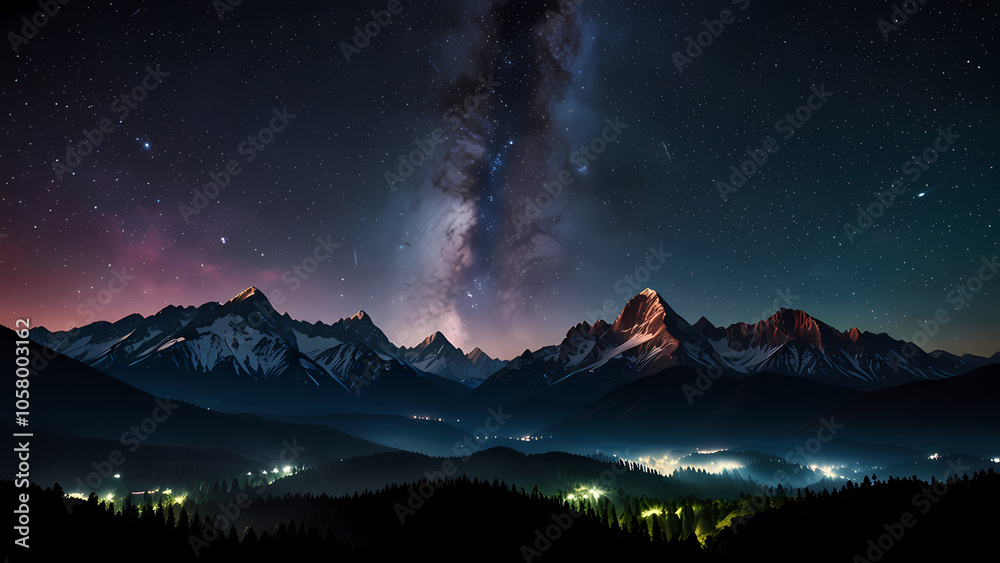 stunning image of a night sky filled with a vibrant galaxy and twinkling stars, casting a mesmerizing glow with silhouettes of majestic mountains that frame the scene stunning image of a night sky filled with a vibrant galaxy and twinkling stars, casting a mesmerizing glow with silhouettes of majestic mountains that frame the scene