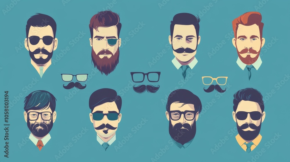 Collection of Stylized Male Characters with Beards and Glasses Collection of Stylized Male Characters with Beards and Glasses