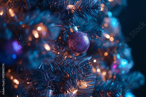 Sapin de Noël avec décorations violettes et lumières chaleureuses en gros plan..