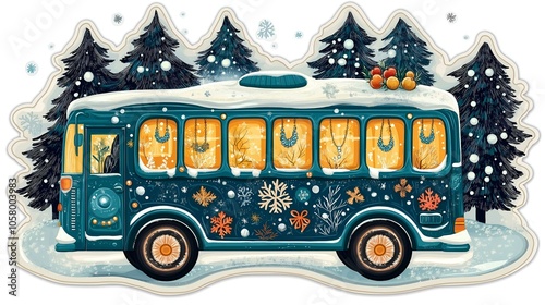 Winter bus with jewelry, style of vector stickers