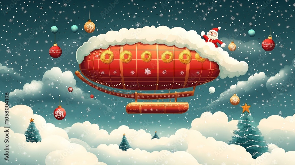 Airship with Santa Claus and Christmas tree decorations flies through snow clouds