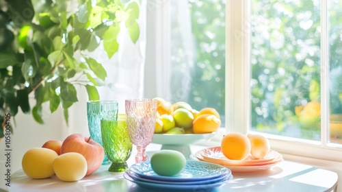 Fresh Fruits and Colorful Glassware by the Window