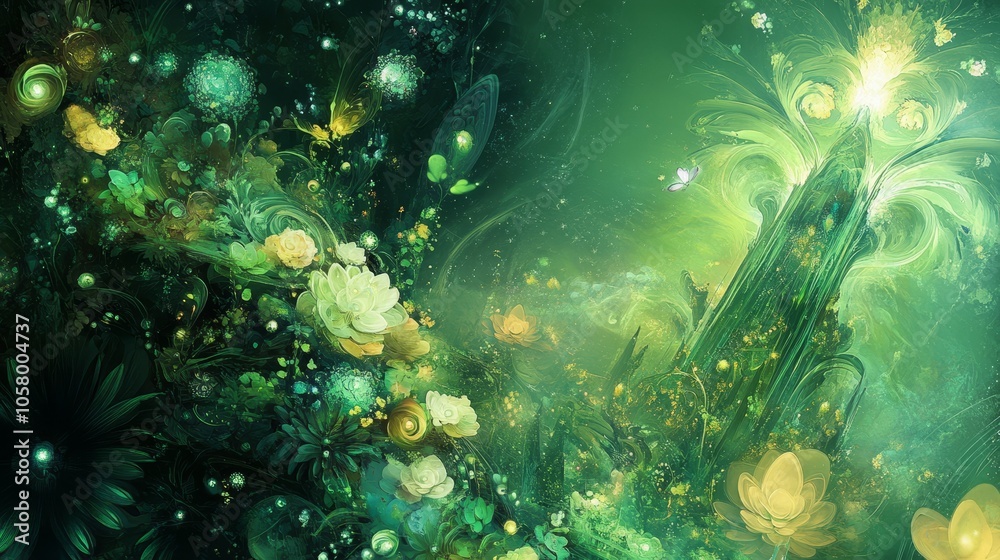 Ethereal Green Fantasy Landscape with Blooming Flowers Ethereal Green Fantasy Landscape with Blooming Flowers