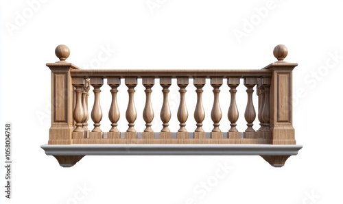 Isolated white background wooden balcony railing with columns