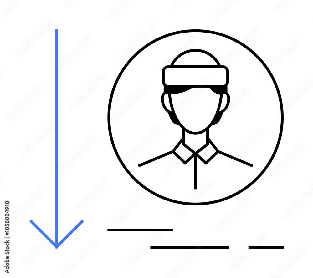 Profile avatar inside a circle next to a blue downward arrow with black horizontal lines. Ideal for user profiles, navigation hints, download options, guidance, app interfaces, instructional guides Profile avatar inside a circle next to a blue downward arrow with black horizontal lines. Ideal for user profiles, navigation hints, download options, guidance, app interfaces, instructional guides