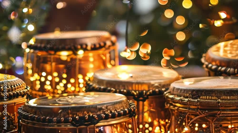 Christmas sale design A group of drums are lit up with lights, creating a festive atmosphere. The drums are arranged in a pyramid shape, with the largest one at the bottom and the smallest one at the 