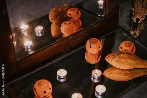 Miniature orange pumpkin buckets with jack-o'-lantern faces and tealight candles arranged on a reflective glass surface, creating a spooky Halloween ambiance.