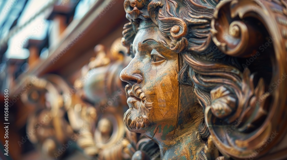 A detailed replica of a ships figurehead showcasing the craftsmanship and artistry of these iconic decorations. A detailed replica of a ships figurehead showcasing the craftsmanship and artistry of these iconic decorations.