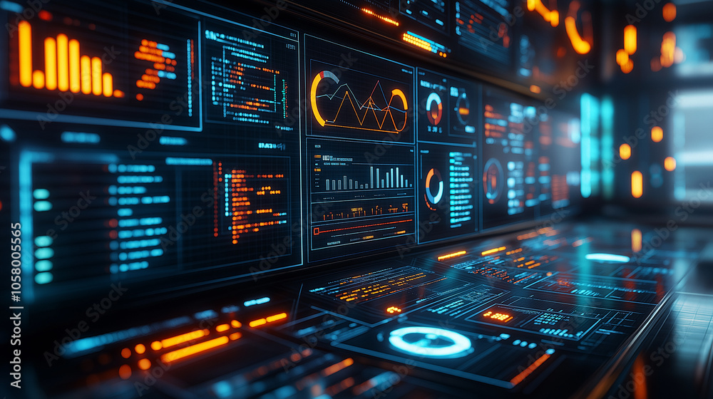 Many glowing screens with graphs, charts, and data Many glowing screens with graphs, charts, and data