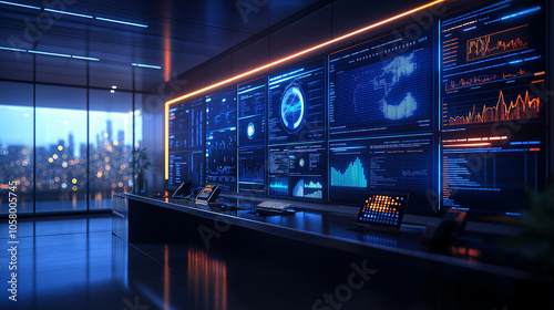 dark room with many glowing screens showing data and graphs