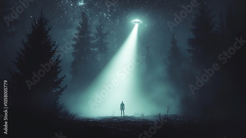 Eerie nocturnal scene of a glowing UFO beaming light onto a solitary figure in a misty forest, silhouetted against a starry sky, creating an atmospheric cinematic composition.