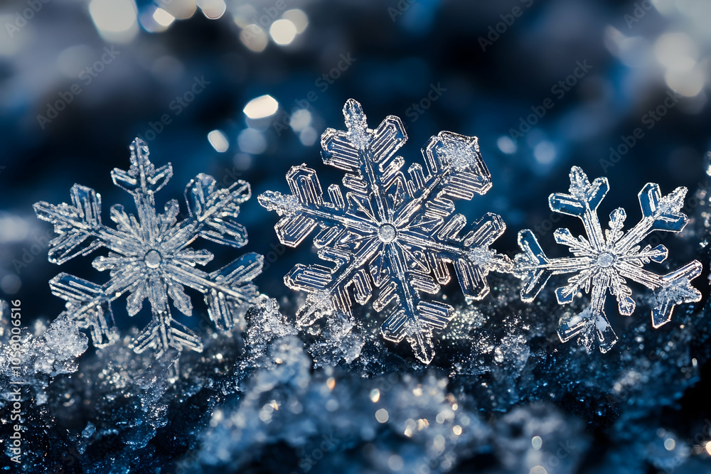 Delicate snowflakes resting on a bed of shimmering frost in the serene winter landscape at dusk Delicate snowflakes resting on a bed of shimmering frost in the serene winter landscape at dusk