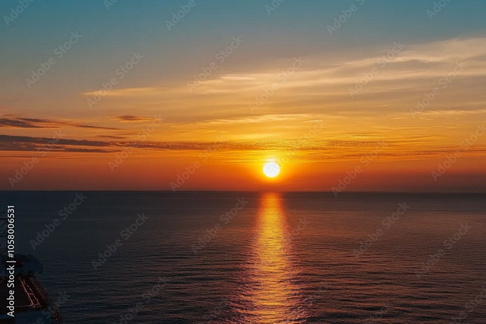 Fototapeta premium Stunning sunset photograph capturing an orange sky over the sea, with the sun gracefully setting on the horizon, showcasing a beautiful seascape view from above.
