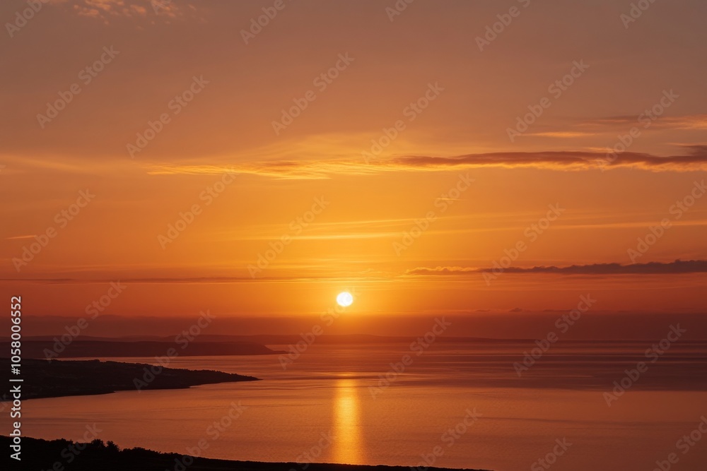 Stunning sunset photograph capturing an orange sky over the sea, with the sun gracefully setting on the horizon, showcasing a beautiful seascape view from above. Stunning sunset photograph capturing an orange sky over the sea, with the sun gracefully setting on the horizon, showcasing a beautiful seascape view from above.