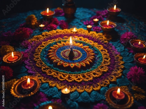 Water adorned with Diwali lights creates a serene and captivating festival scene photo