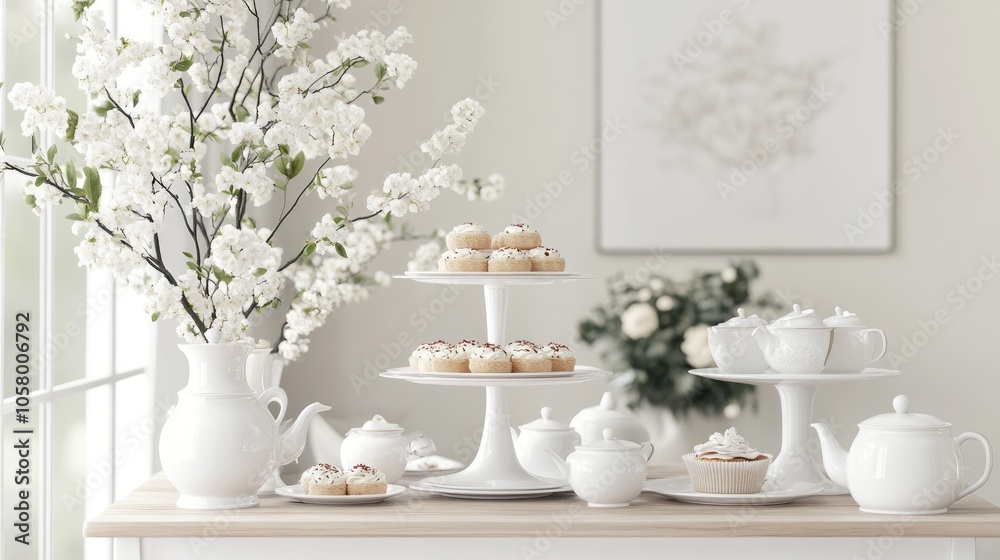 Elegant White Dessert Table with Flowers and Tea Set Elegant White Dessert Table with Flowers and Tea Set