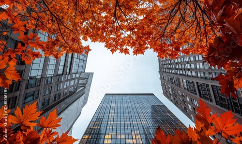 Bright orange and red maple leaves frame the view of tall skyscrapers, highlighting nature's beauty within the urban landscape as the clear sky provides a serene backdrop