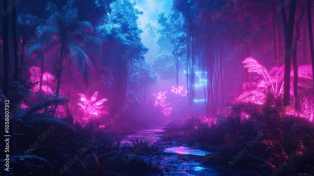 Fototapeta premium Ethereal Neon Jungle Landscape with Glowing Flora