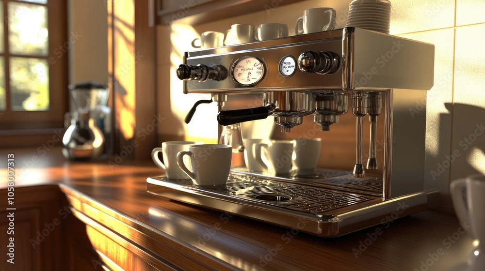 Modern Espresso Machine in Bright Kitchen Setting Modern Espresso Machine in Bright Kitchen Setting