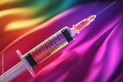 Pink and green syringe on a vibrant fabric pattern symbolizing modern healthcare aesthetics color contrasts and the innovative blend of art with medical themes photo