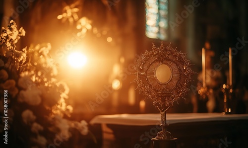 An ostensory used for worship during a Catholic church ceremony specifically for the adoration of the Blessed Sacrament is an integral part of the Eucharistic Holy Hour observed in the Cath photo