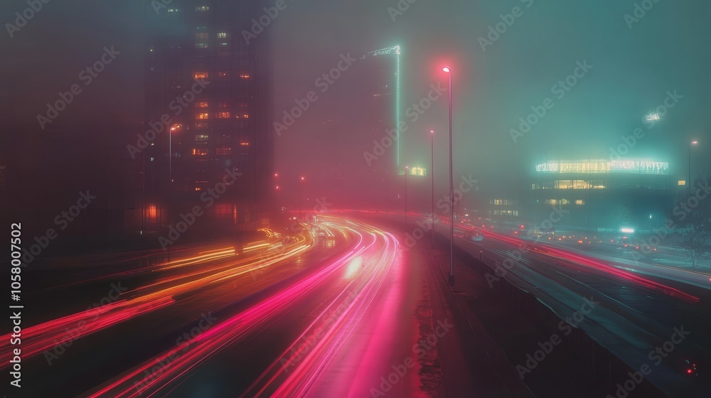 Obraz premium Nighttime Cityscape with Colorful Light Trails in Fog